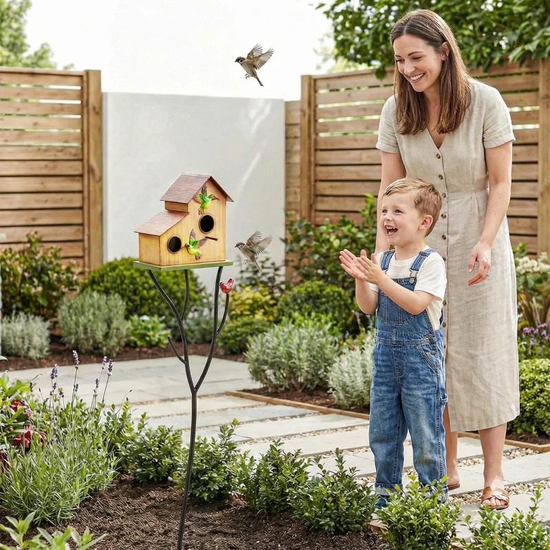 Outsunny 57" Outdoor Bird House with Pole, Metal Bird Houses for Outside, Double-Hole Birdhouse Outdoor Decoration, Yellow