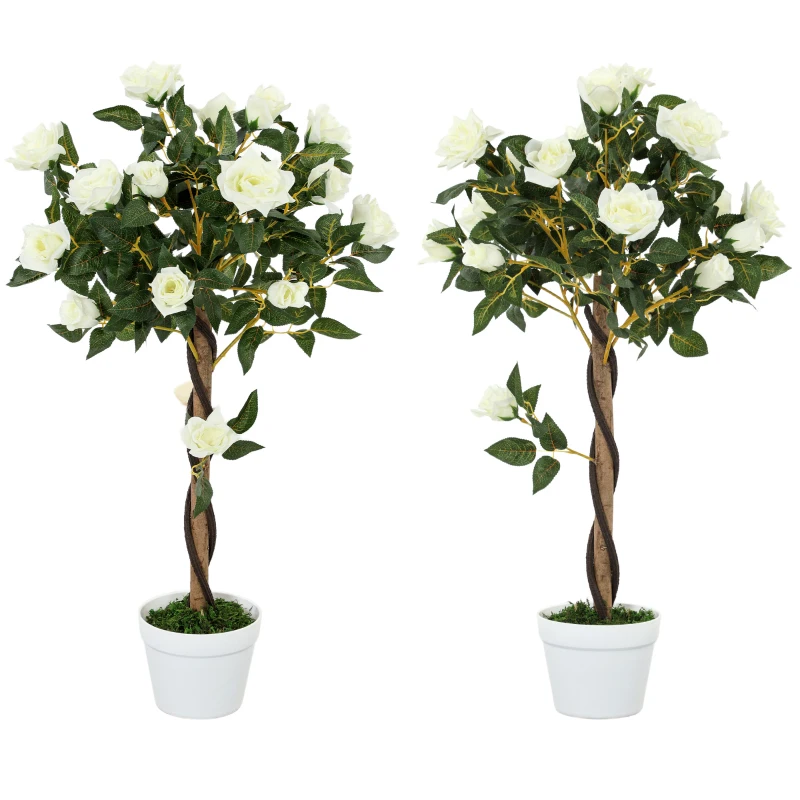 Outsunny 3FT Artificial Plant White Rose Floral Set of 2 in Pot, Fake Plant for Home Indoor Decor