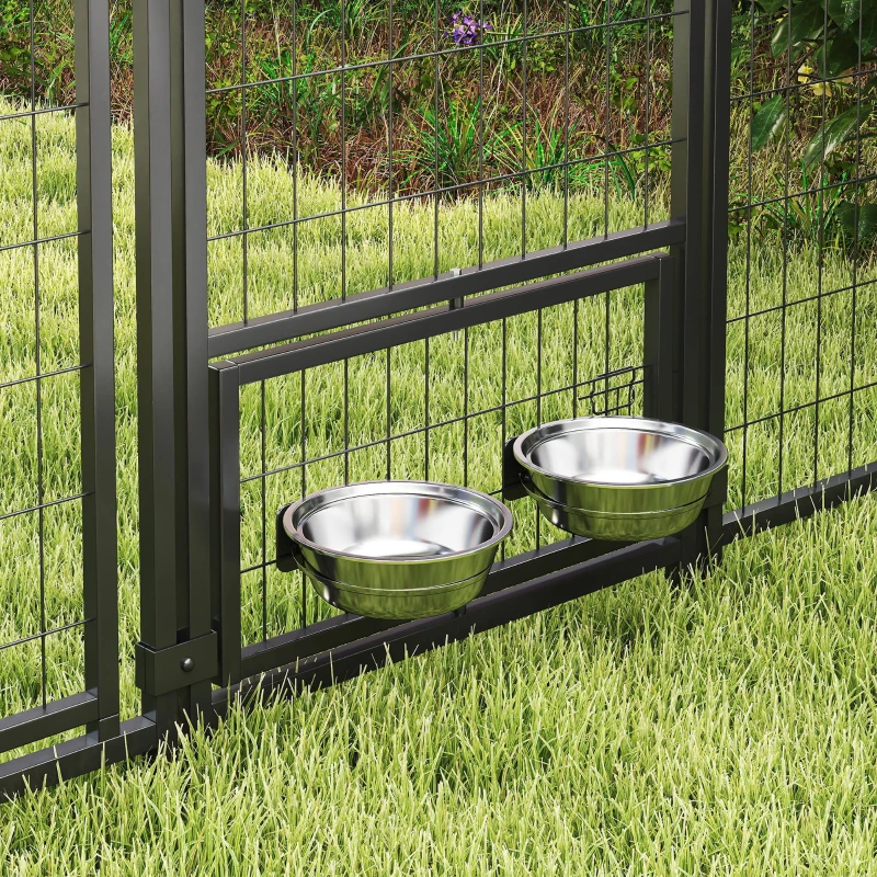 PawHut 9.8' x 9.8' x 6' Outdoor Dog Kennel, Dog Kennel Outside Run with 360° Rotating Bowls, Waterproof & UV Resistant Cover