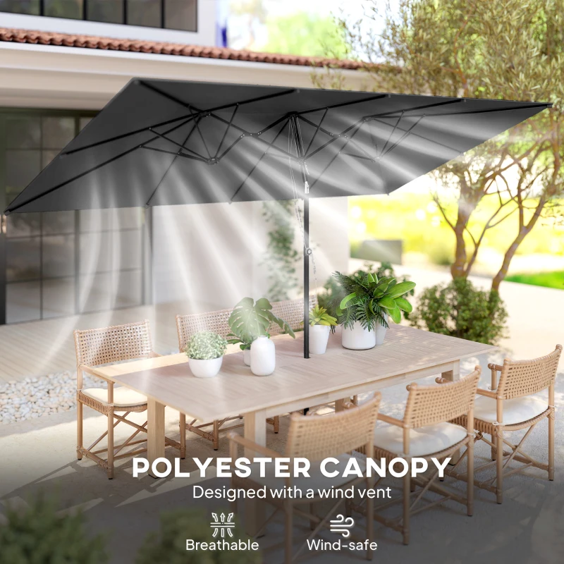Outsunny Double-Sided Patio Umbrella Parasol with Tilt, Adjustable Height, Vents and 12 Ribs, for Garden, Deck, Grey