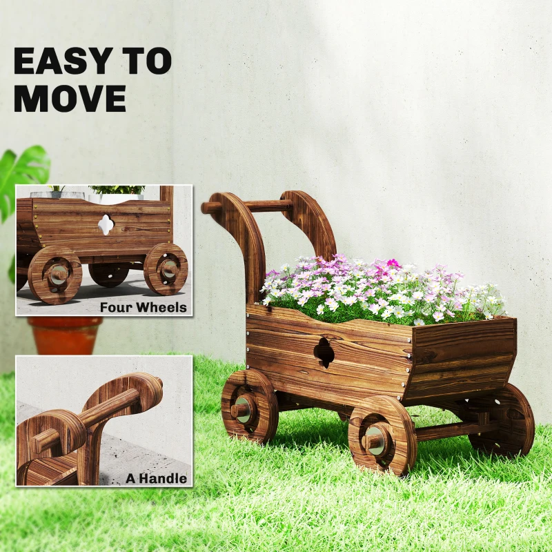 Outsunny Wagon Flower Planter Cart with Wheels, Garden Wagon with Handle for Outdoor Patio Yard, Carbonized