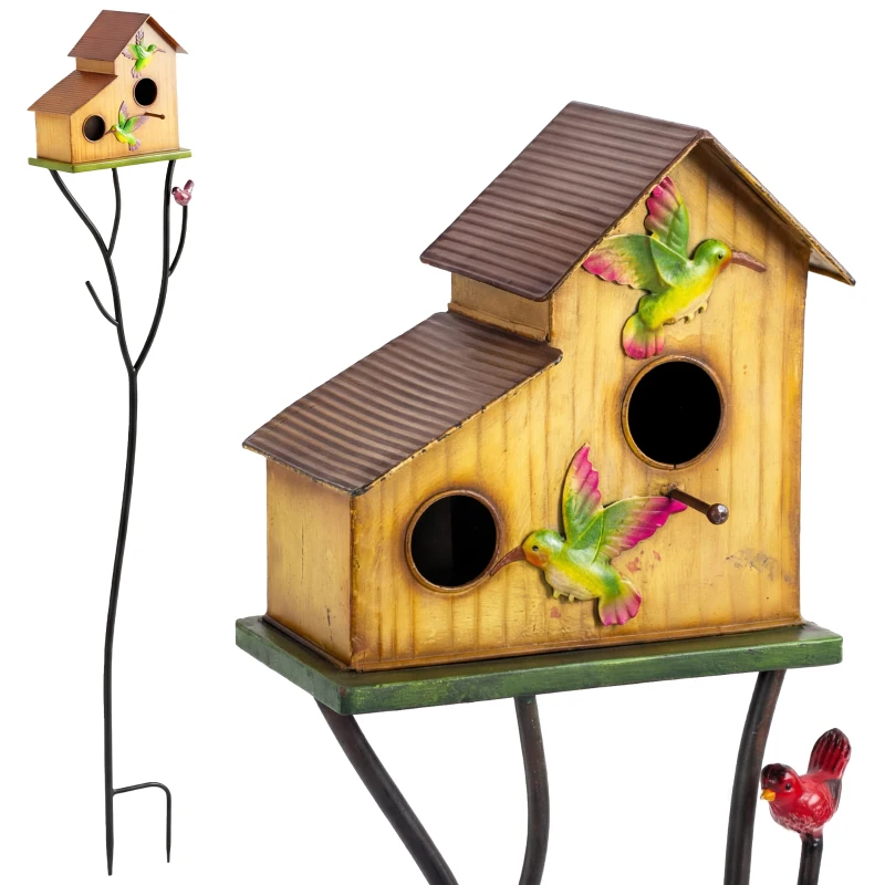 Outsunny 57" Outdoor Bird House with Pole, Metal Bird Houses for Outside, Double-Hole Birdhouse Outdoor Decoration, Yellow