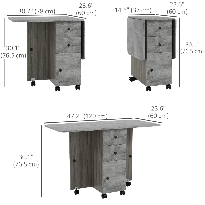 HOMCOM Drop Leaf Dining Table, Mobile Folding Table on Wheels with Drawers and Cabinet for Dining Room, Kitchen, Grey
