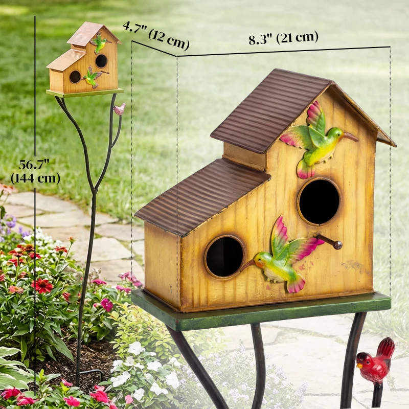 Outsunny 57" Outdoor Bird House with Pole, Metal Bird Houses for Outside, Double-Hole Birdhouse Outdoor Decoration, Yellow
