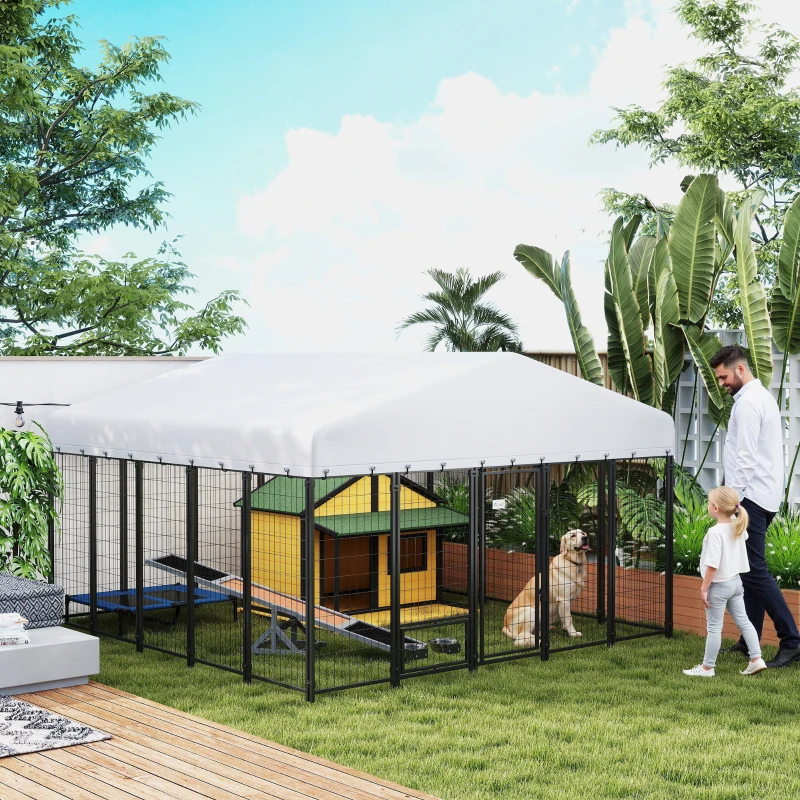 PawHut 9.8' x 9.8' x 6' Outdoor Dog Kennel, Dog Kennel Outside Run with 360° Rotating Bowls, Waterproof & UV Resistant Cover