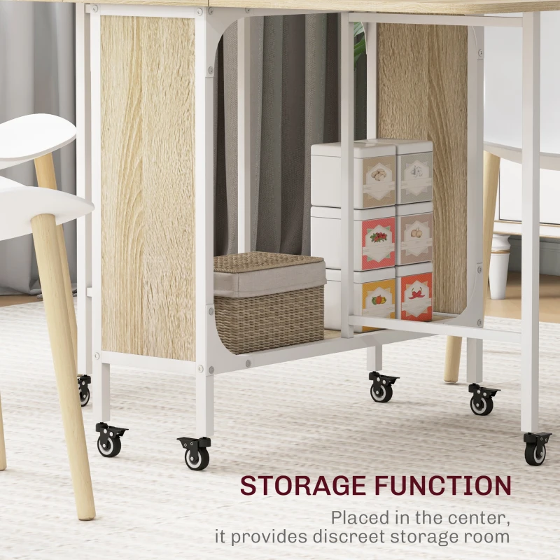 HOMCOM Folding Dining Table, Extendable Kitchen Table for Small Spaces with Storage Shelf and 6 Wheels, Natural Wood