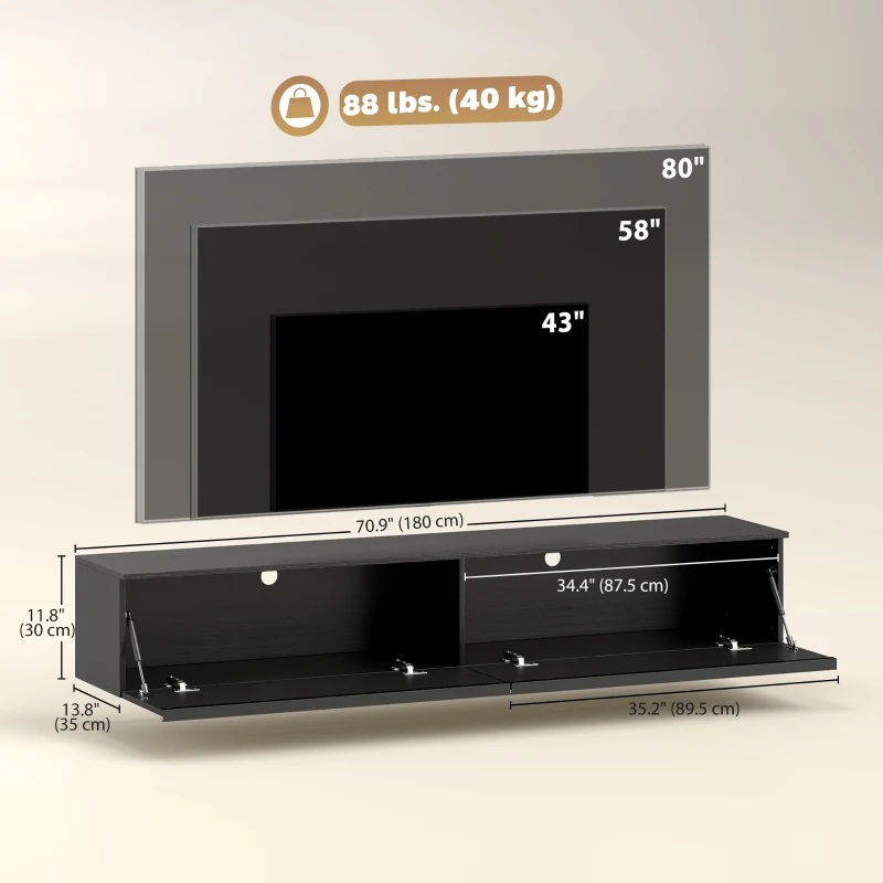 HOMCOM Wall Mounted TV Stand, Floating TV Cabinet with Storage, for TVs up to 70", High Gloss Effect, Black