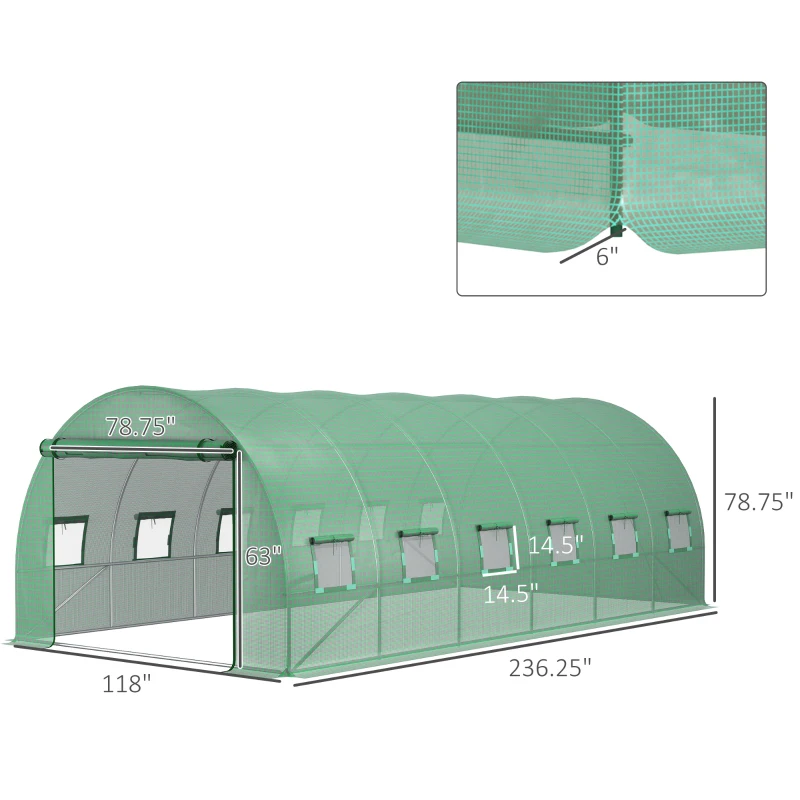 Outsunny 19.7' x 9.8' x 6.6' Plastic Greenhouse Cover Replacement, Heavy Duty Waterproof Tarp for Hoop House, Sheeting with 12 Windows, Door & Reinforcement Grid, Green