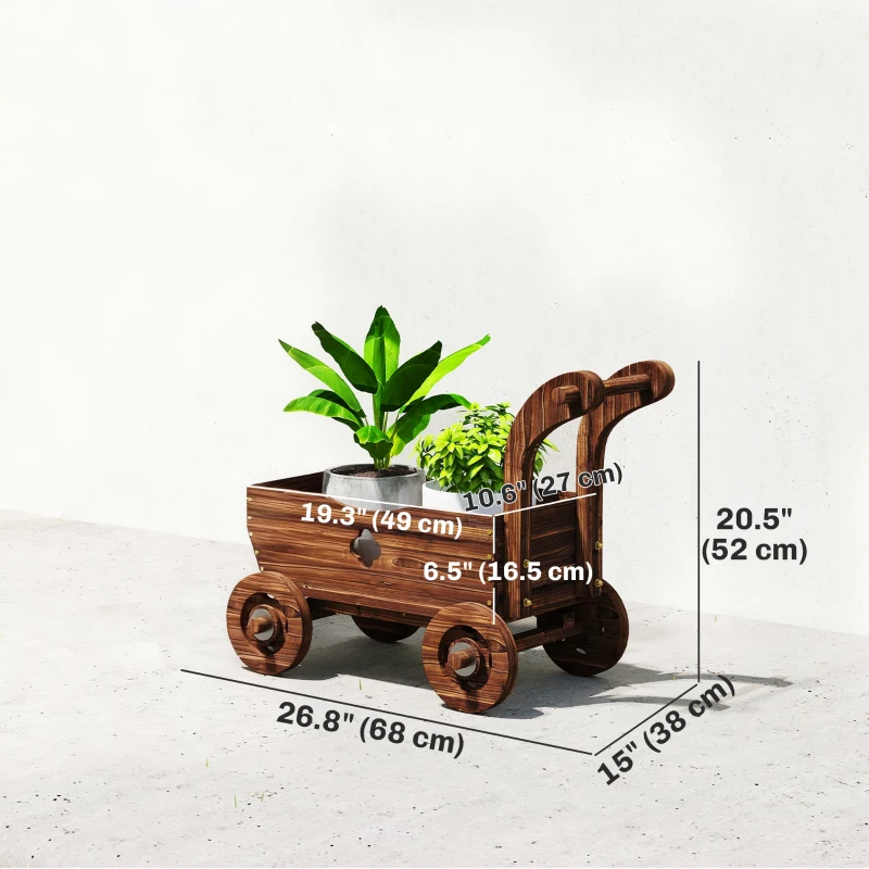 Outsunny Wagon Flower Planter Cart with Wheels, Garden Wagon with Handle for Outdoor Patio Yard, Carbonized