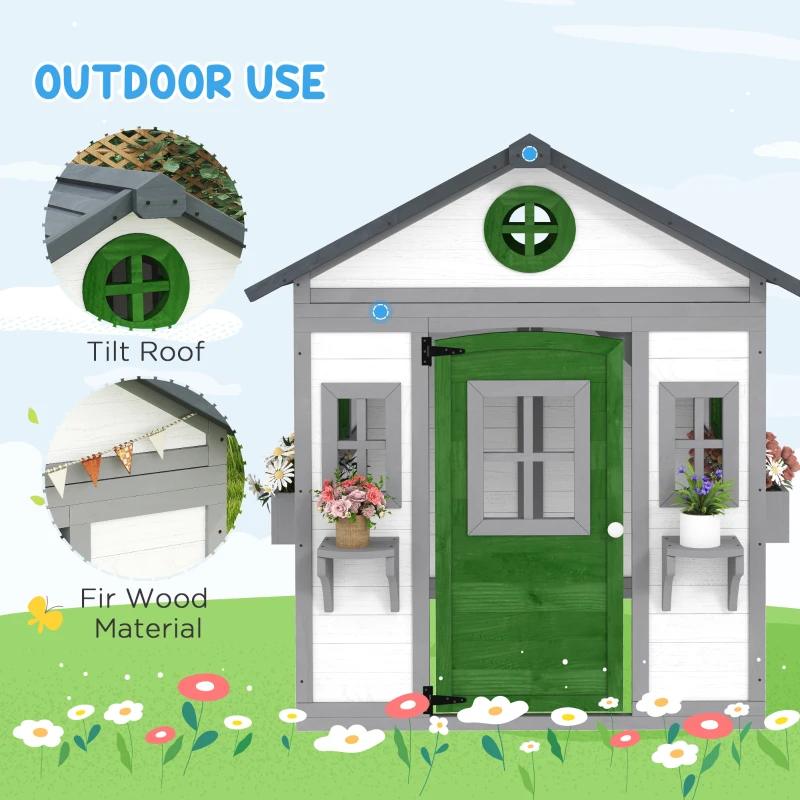 Outsunny Wooden Playhouse for Kids Outdoor with Door, Windows, Planter Pots and Boxes for Toddlers 3-8 Years, White