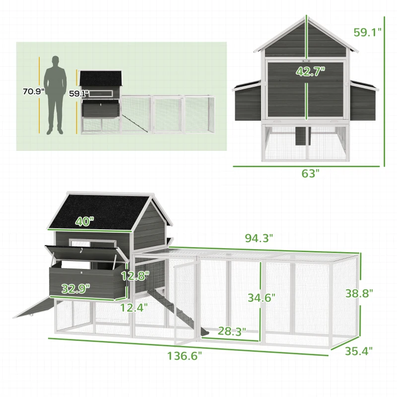 PawHut 137" Wooden Chicken Coop for 8-10 Chickens, Backyard, Dark Gray