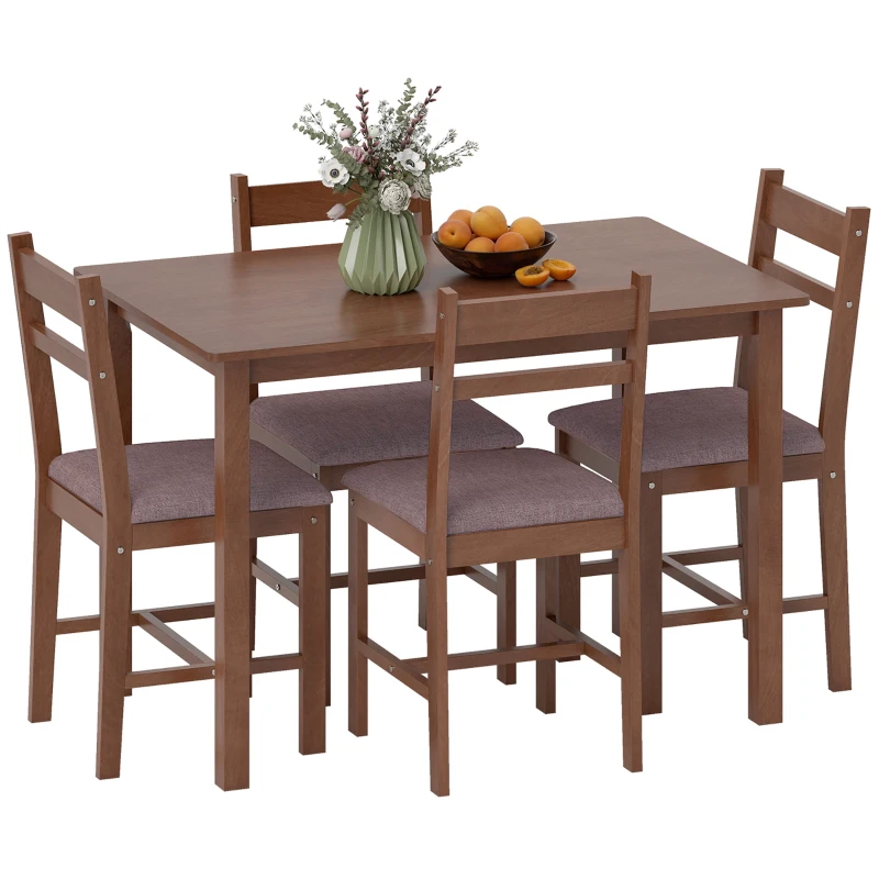 HOMCOM 5-Piece Solid Wood Dining Table Set for 4, Farmhouse Kitchen Table with Upholstered Chairs for Dining Room, Light Brown