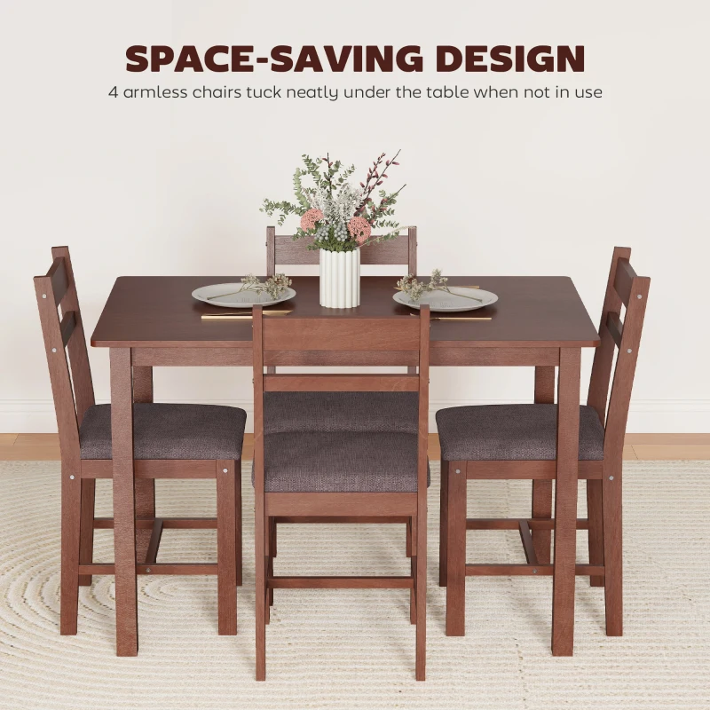 HOMCOM 5-Piece Solid Wood Dining Table Set for 4, Farmhouse Kitchen Table with Upholstered Chairs for Dining Room, Light Brown