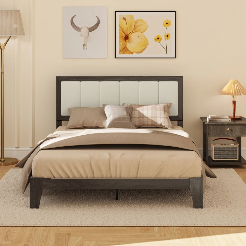 HOMCOM Full Bed Frame with Headboard Full Size Platform Bed Frame with Wooden Slats No Box Spring Needed Charcoal Gray