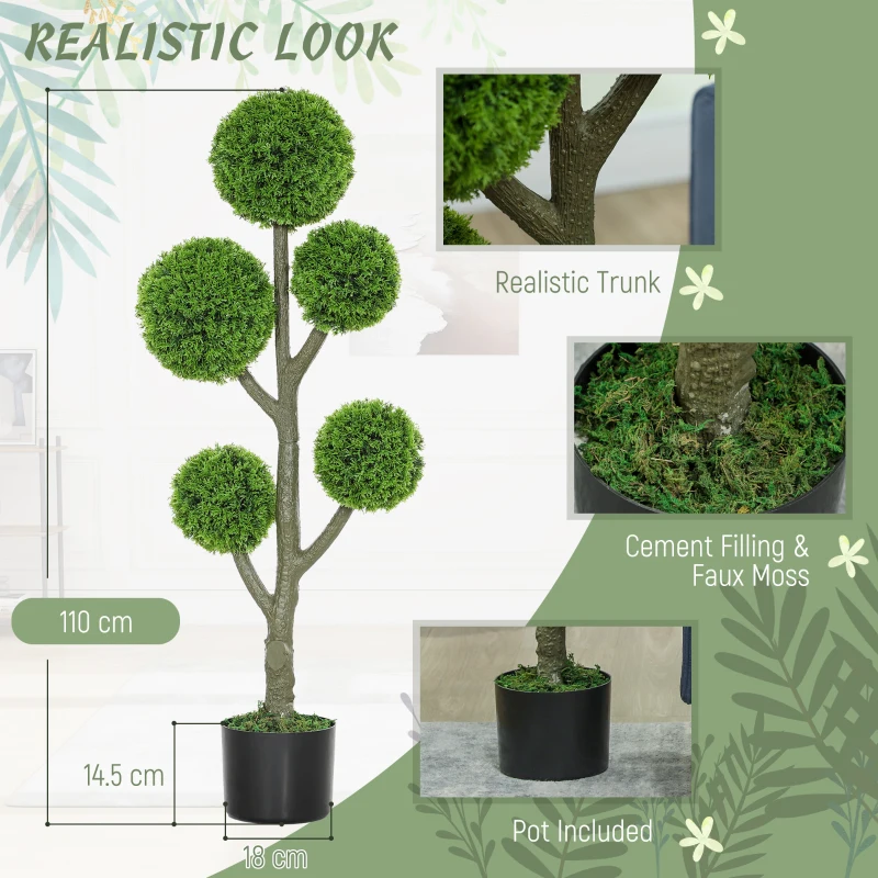 HOMCOM 43.3" Artificial Ball Cypress Topiary Tree, Fake Plant in Pot for Indoor Outdoor Living Room Green