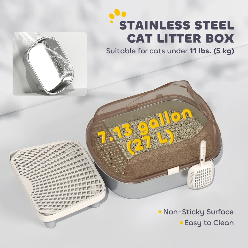 PawHut Stainless Steel Cat Litter Box with High Sided Enclosure, Step, Scoop, Non-Sticky & Anti-Urine Leakage, Easy Cleaning