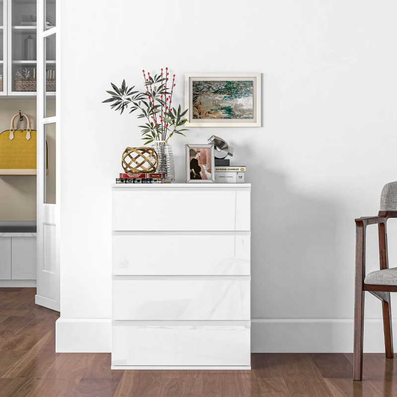 HOMCOM 4 Drawer Cabinet, High Gloss Drawer Chest for Bedroom, Chest of Drawers with Metal Runners and Groove Handles, White