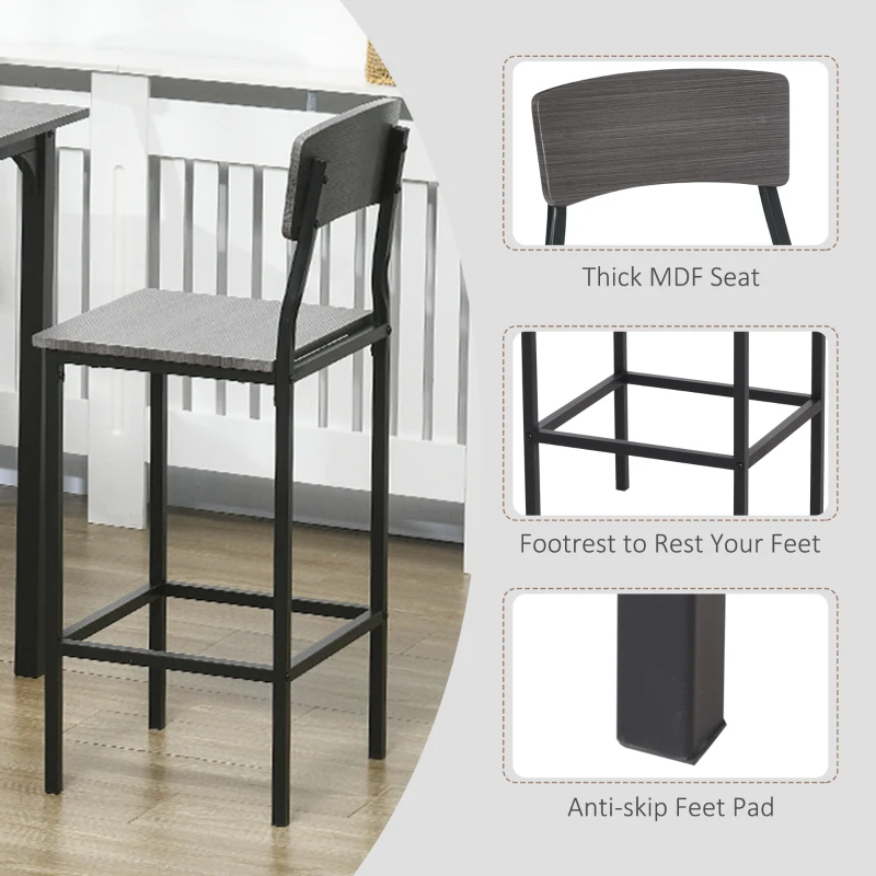 HOMCOM 5-Piece Counter Height Bar Table with Space-Saving Design, Square Kitchen Table and Chairs Set with Footrest, Metal Legs, Industrial Dining Table Set for 4, Gray