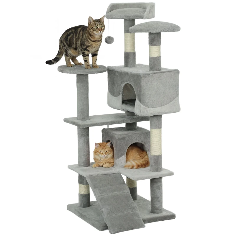 PawHut 53" Cat Tree Scratching Large Kitten Play House Multi-Level Activity Center Pet Furniture, Grey