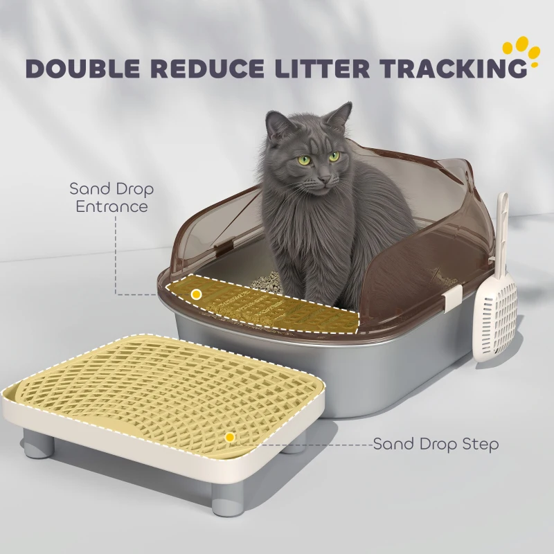PawHut Stainless Steel Cat Litter Box with High Sided Enclosure, Step, Scoop, Non-Sticky & Anti-Urine Leakage, Easy Cleaning