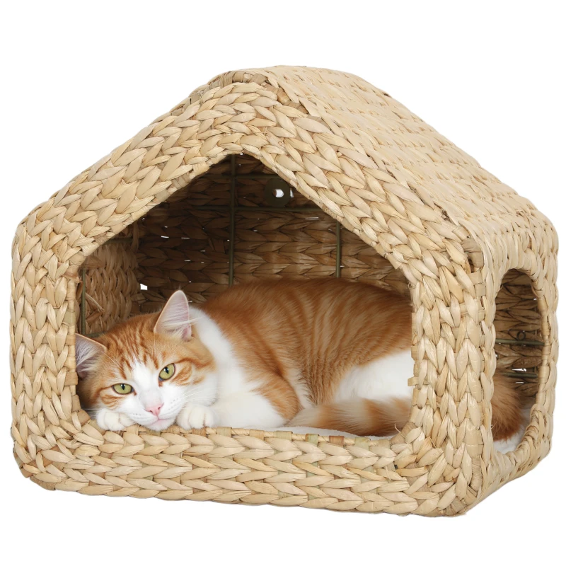 PawHut Wall Mounted Cat House, Cat Wall Furniture, Cat Wall Shelf with Washable Cushion, Natural