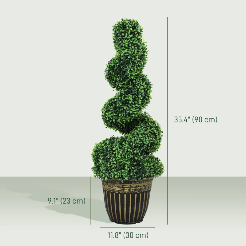HOMCOM Set of 2 Artificial Plants, Topiary Spiral Boxwood Trees with Pot, for Home Indoor Outdoor Decor, 90cm