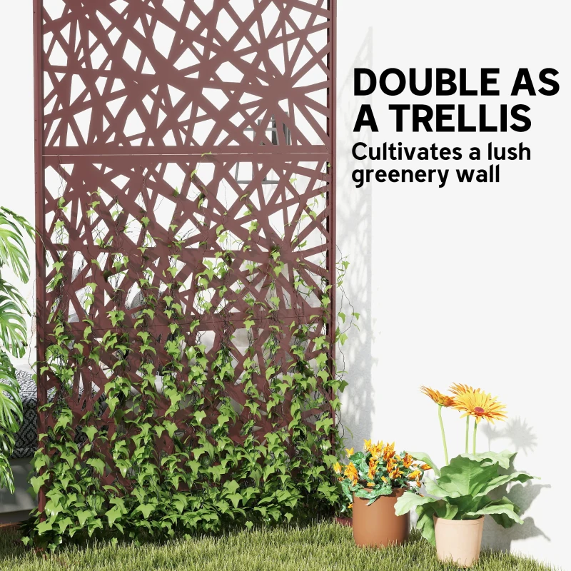 Outsunny Metal Outdoor Privacy Screen, Freestanding Outdoor Divider with Stand, 78" x 48", Dark Brown