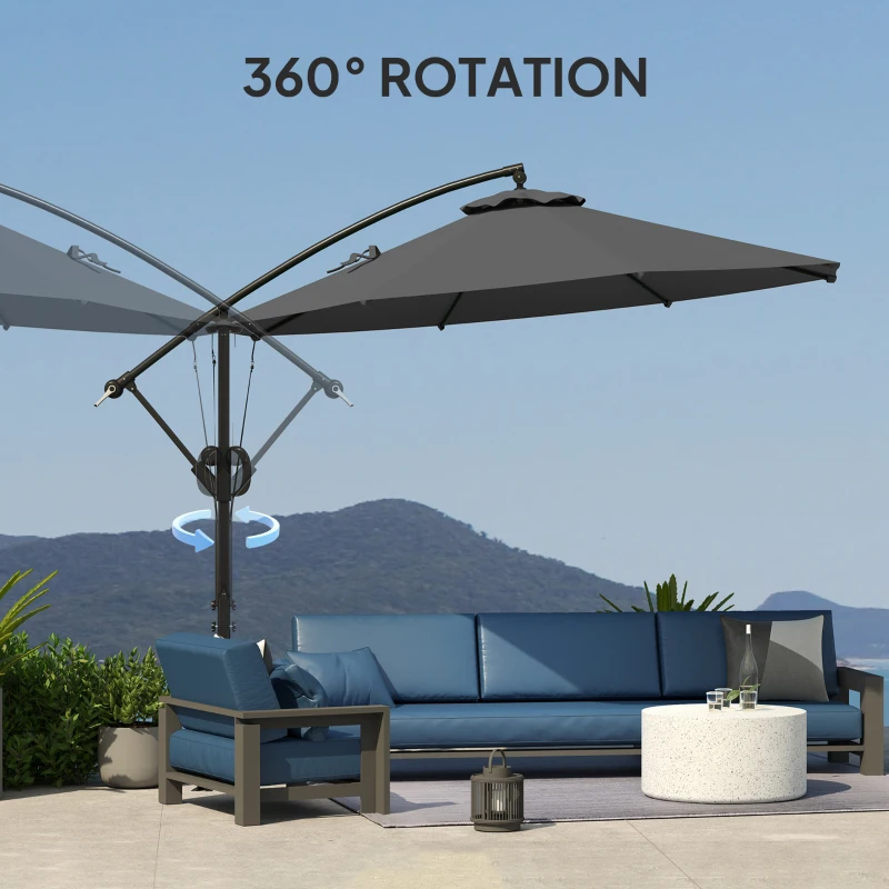 Outsunny 118.1" Patio Offset Umbrella with Cover and Wind Protection Strap,with Crank Handle and Tilt, UPF50+, Grey