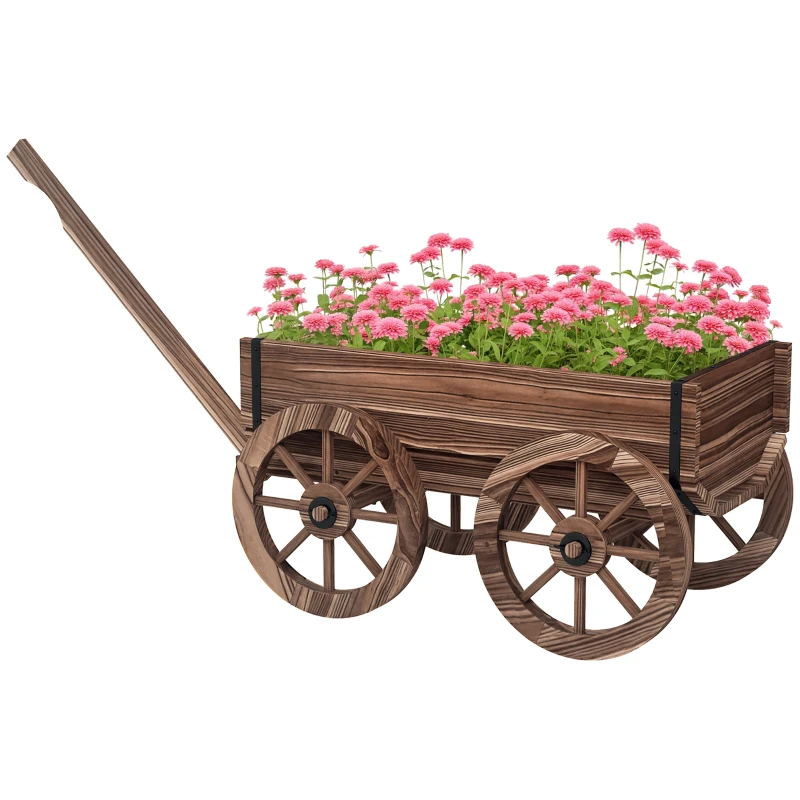 Outsunny Raised Garden Bed, Wooden Wagon Planter Boxes with Drainage Holes, for Vegetables Flowers Herbs, Carbonized