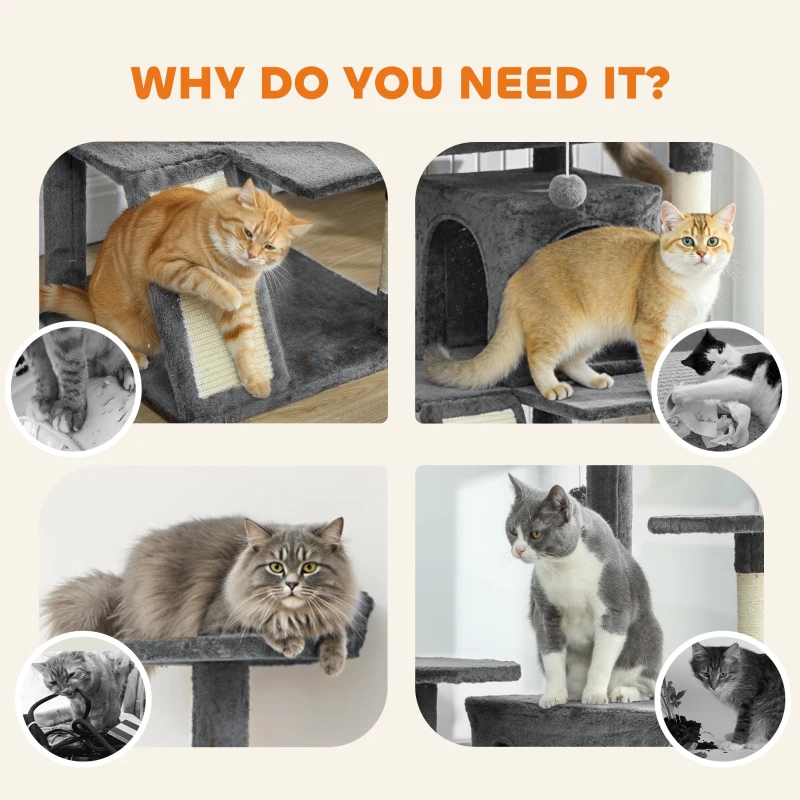 PawHut 63" Cat Tree, Multi-Level Cat Tower with Scratching Posts, Cat Condos, Bed, Platforms, Ramp, Toy Ball, Dark Grey