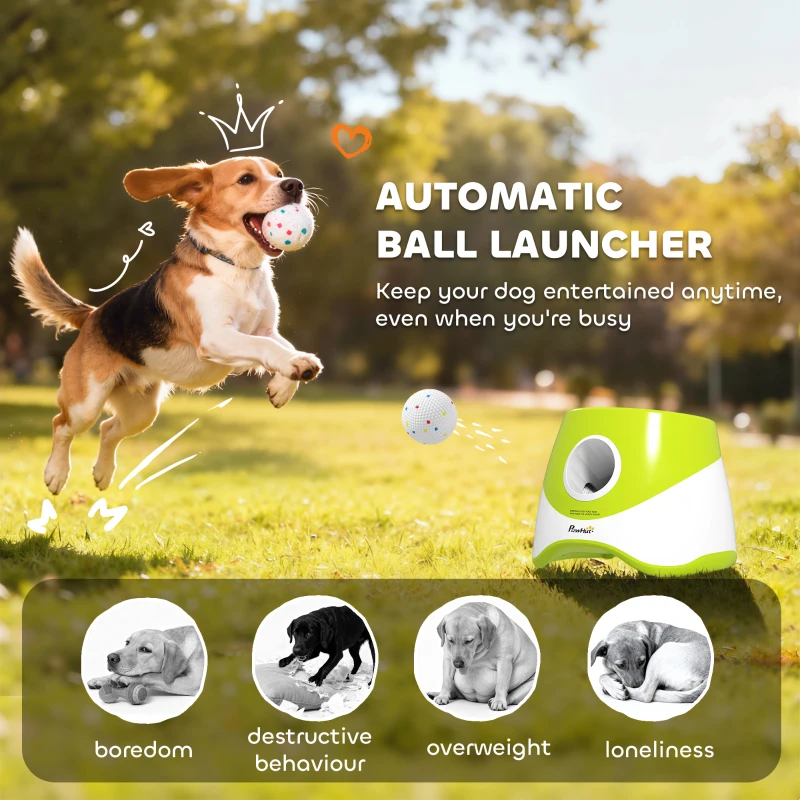 PawHut Automatic Dog Ball Launcher with 5 ETPU Tennis Balls 2.3", 3 Distance Settings 20ft, 33ft, 46ft, Green