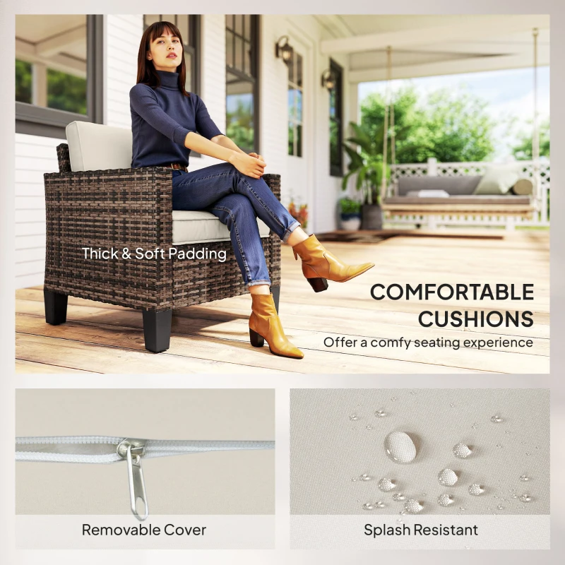 Outsunny Single Outdoor Wicker Chair, Rattan Patio Chair with Armrests and Cushions for Balcony, Porch, Deck, Cream White