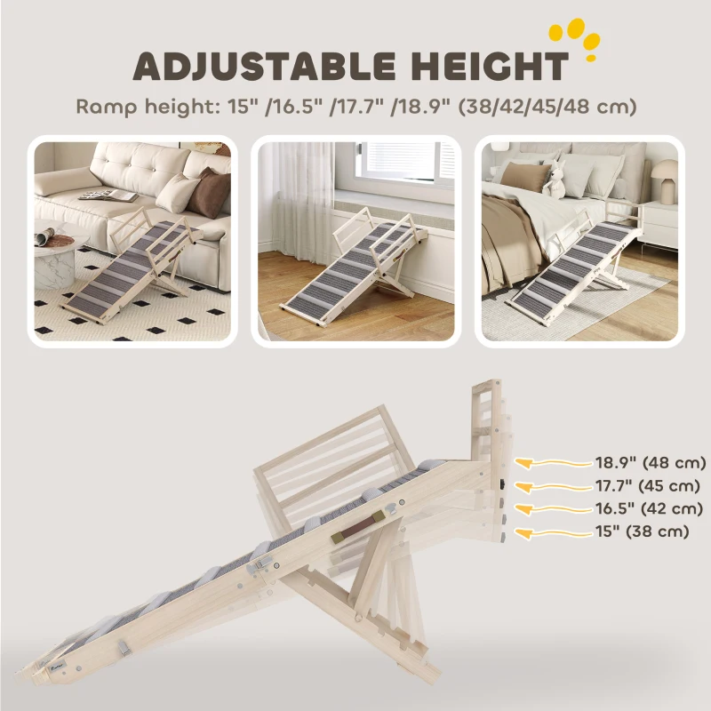 PawHut Dog Ramp, Folding Pet Ramp, 4 Adjustable Height from 15" to 19", Pet Stairs with Side Rails for Small to Large Dogs