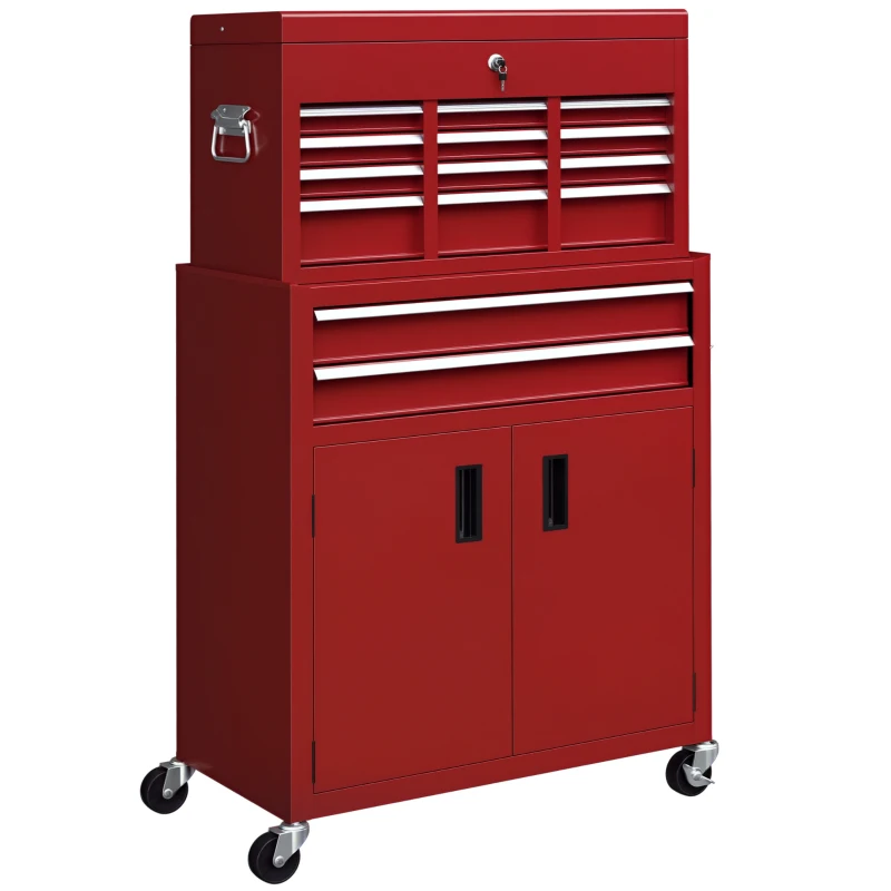 HOMCOM 6-Drawer Rolling Tool Chest, 2 in 1 Lockable Storage Cabinet with Hooks, Metal Tool Box for Garage, Workshop, Red
