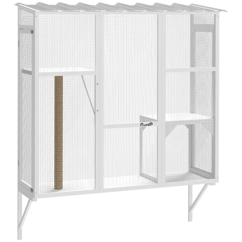 PawHut Wooden Catio Outdoor, Cat Window Box Enclosure for 2-3 Large Cats with 2 Jumping Platforms & Scratching Post, White