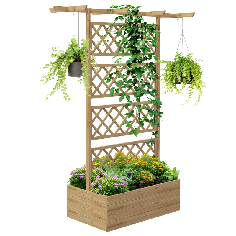 Outsunny Wooden Planter with Trellis Privacy Screen, Raised Garden Bed to Grow Vegetables, Herbs and Flowers, Natural