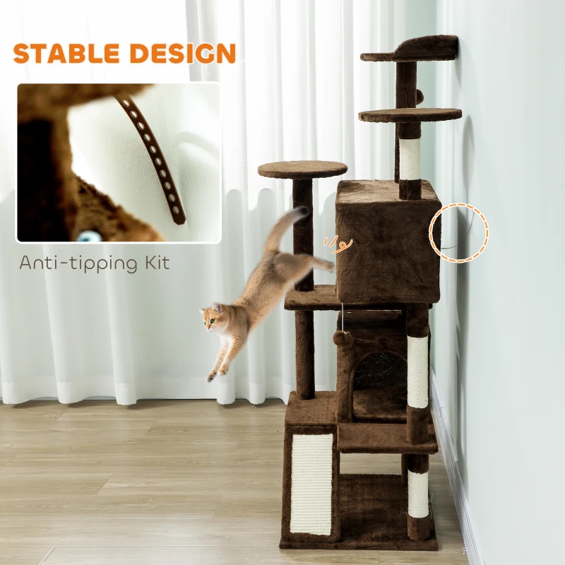 PawHut 63" Cat Tree, Multi-Level Cat Tower with Scratching Posts, Cat Condos, Bed, Platforms, Ramp, Toy Ball, Light Brown