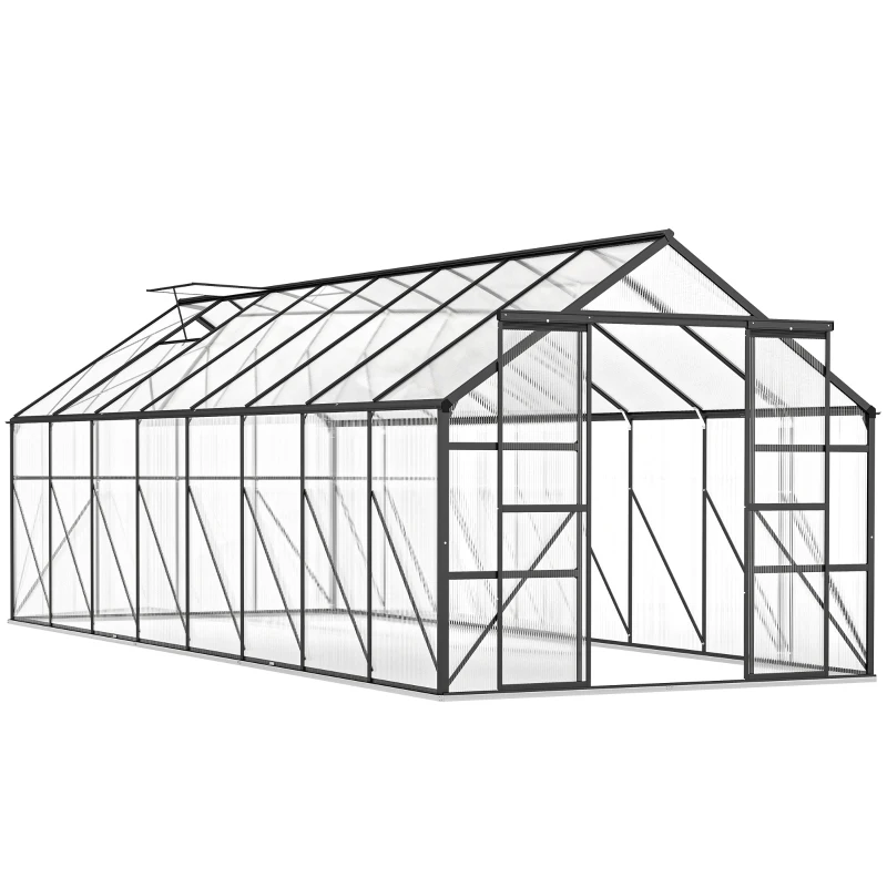Outsunny Aluminum Greenhouse Polycarbonate Walk-in Garden Greenhouse Kit with Rain Gutter and Sliding Door, 16' x 8', Dark Grey