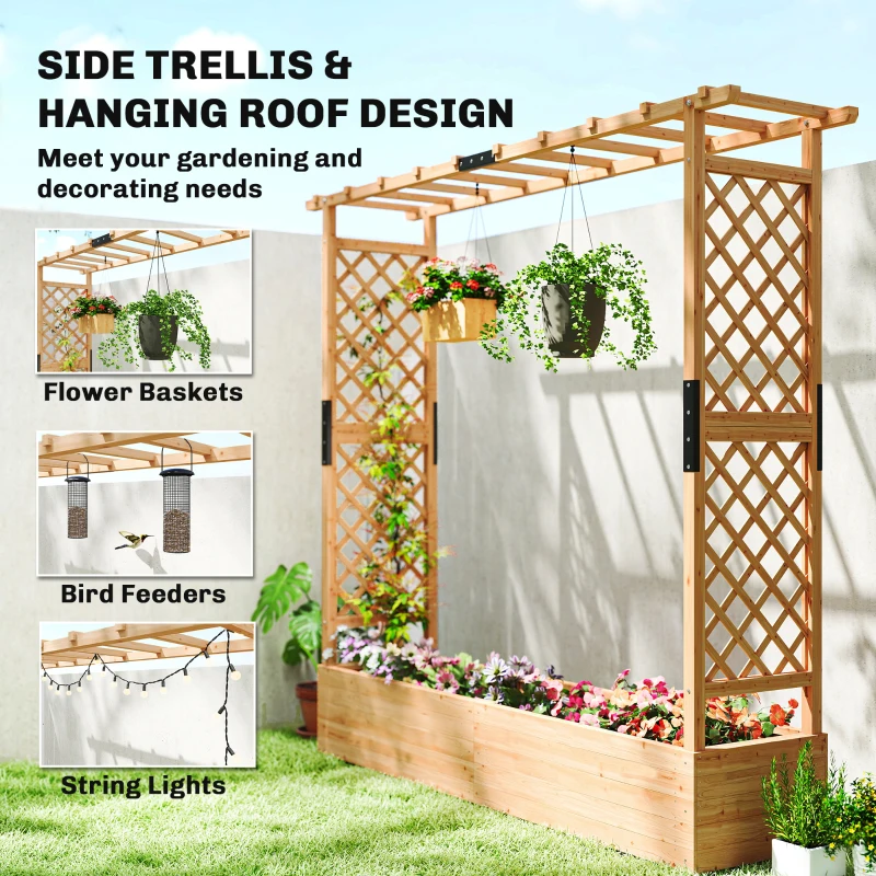 Outsunny Wooden Planter Box with Trellis, Hanging Roof and Drainage Holes for Climbing Plants, Vegetables, Herbs and Flowers