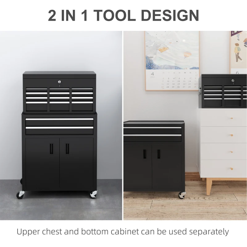 HOMCOM 6-Drawer Rolling Tool Chest, 2 in 1 Lockable Storage Cabinet with Hooks, Metal Tool Box for Garage, Workshop, Black