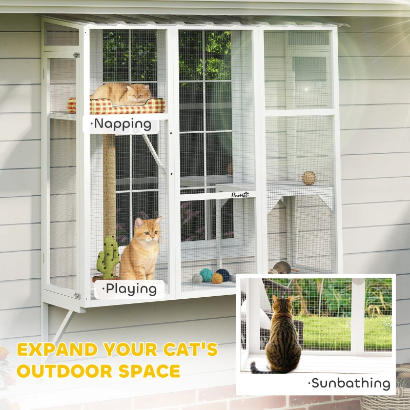 PawHut Wooden Catio Outdoor, Cat Window Box Enclosure for 2-3 Large Cats with 2 Jumping Platforms & Scratching Post, White