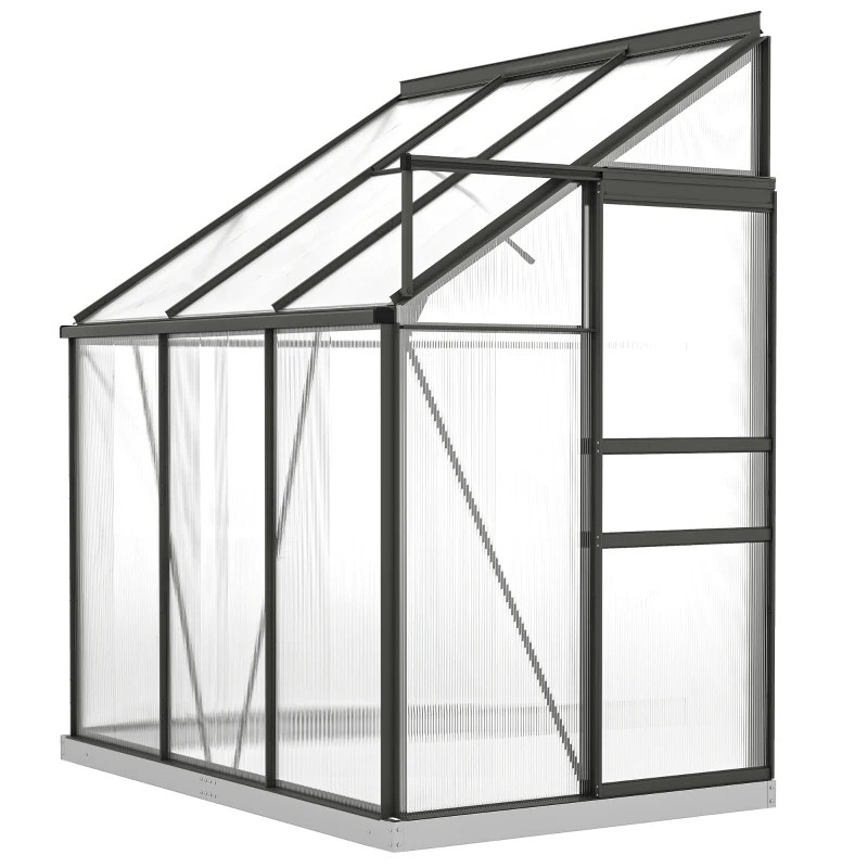 Outsunny Aluminum Lean-to Greenhouse Polycarbonate Walk-in Greenhouse with Rain Gutter and Sliding Door, 6' x 4', Dark Grey