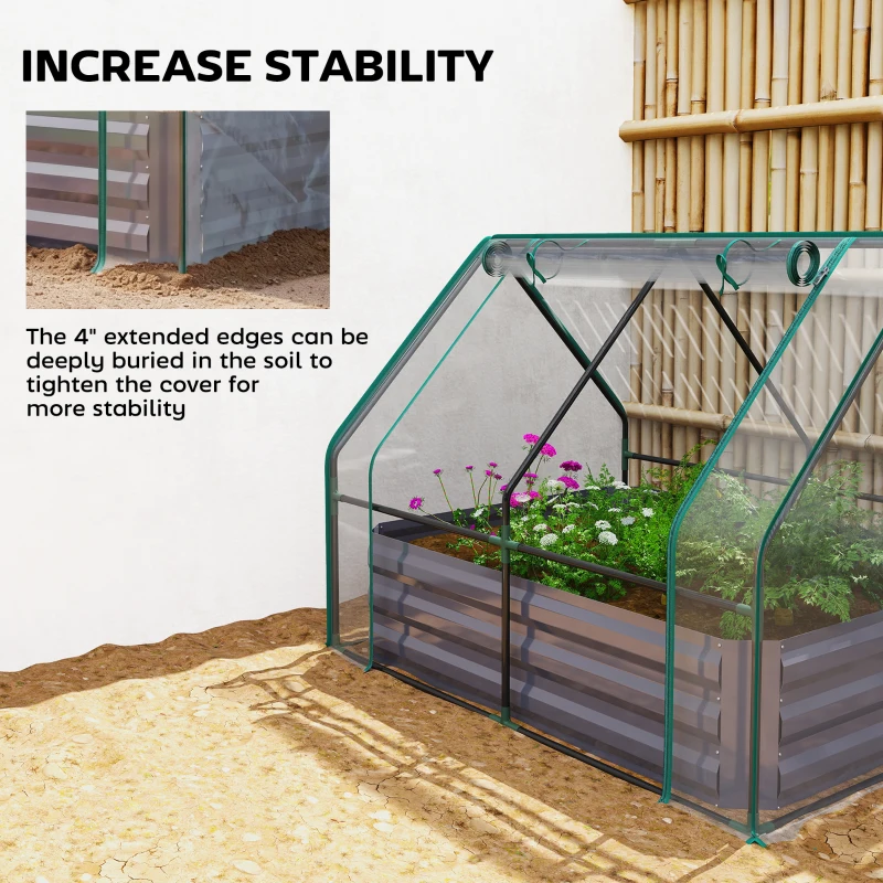 Outsunny 4 x 3 x 1ft Raised Garden Bed with Mini Greenhouse, Galvanized Raised Garden Bed with Cover, Clear and Dark Gray