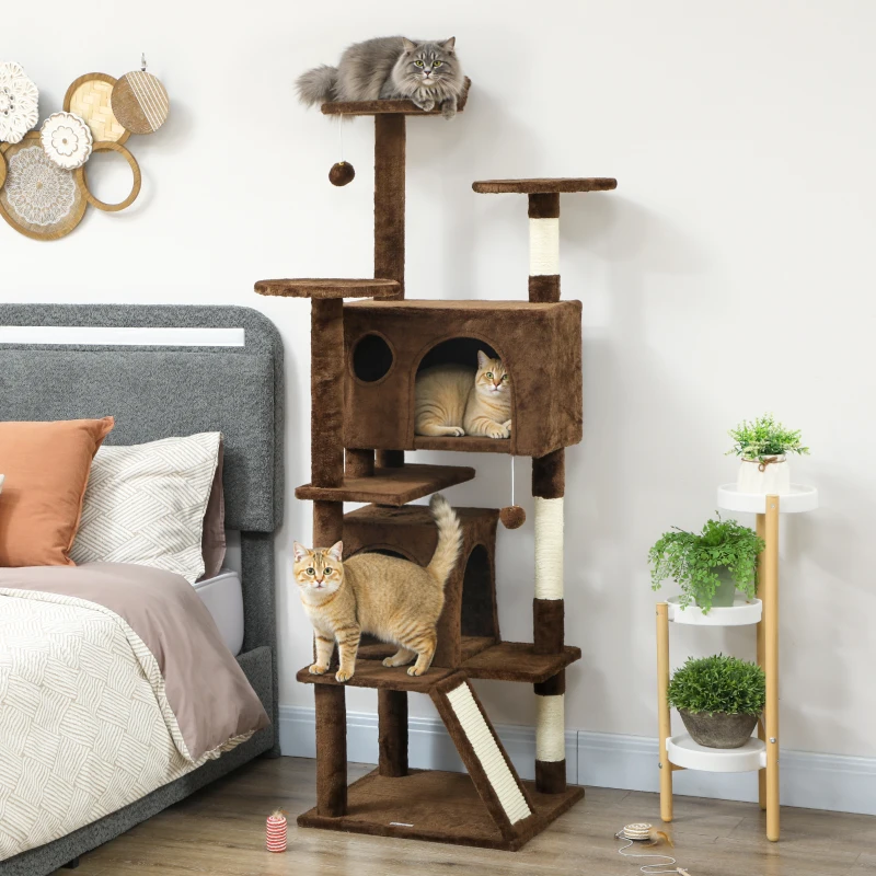 PawHut 63" Cat Tree, Multi-Level Cat Tower with Scratching Posts, Cat Condos, Bed, Platforms, Ramp, Toy Ball, Light Brown