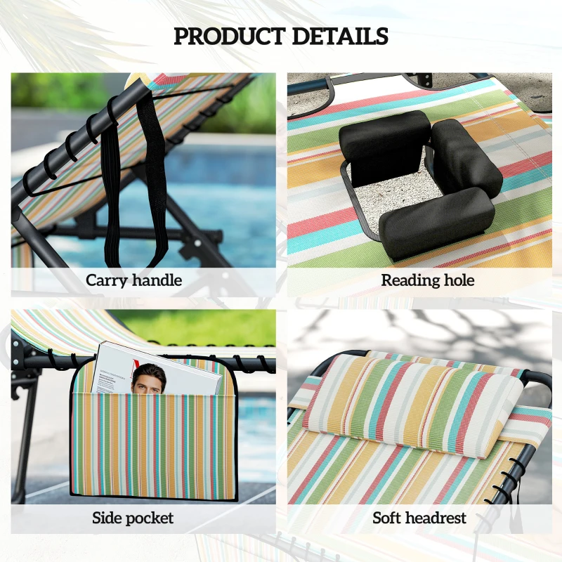 Outsunny 2 Piece Folding Chaise Lounge Pool Chairs with 5-level Reclining Back, Reading Hole, Side Pocket, Rainbow Striped