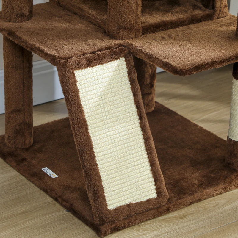PawHut 63" Cat Tree, Multi-Level Cat Tower with Scratching Posts, Cat Condos, Bed, Platforms, Ramp, Toy Ball, Light Brown