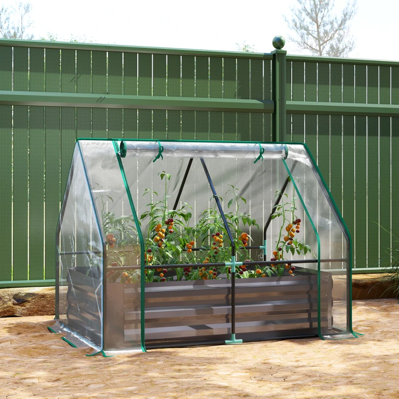 Outsunny 4 x 3 x 1ft Raised Garden Bed with Mini Greenhouse, Galvanized Raised Garden Bed with Cover, Clear and Dark Gray