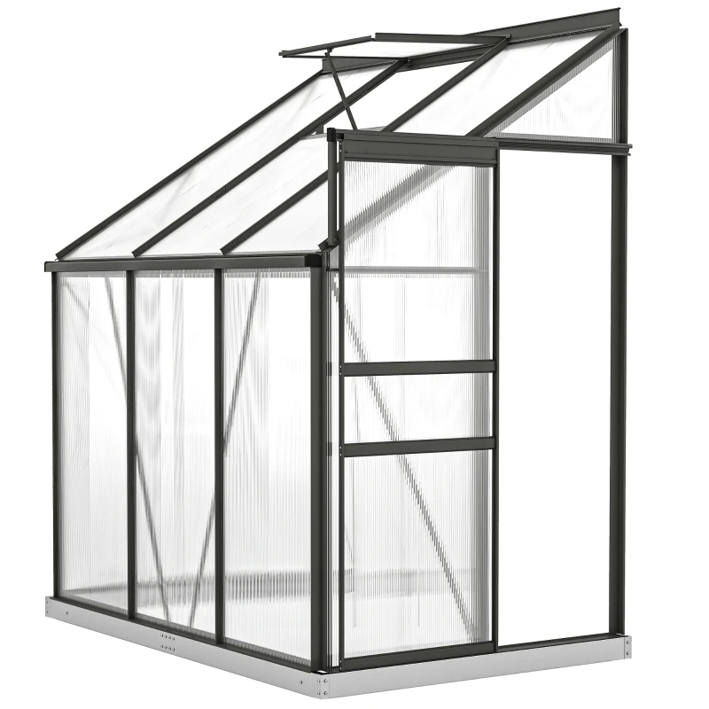 Outsunny Aluminum Lean-to Greenhouse Polycarbonate Walk-in Greenhouse with Rain Gutter and Sliding Door, 6' x 4', Dark Grey