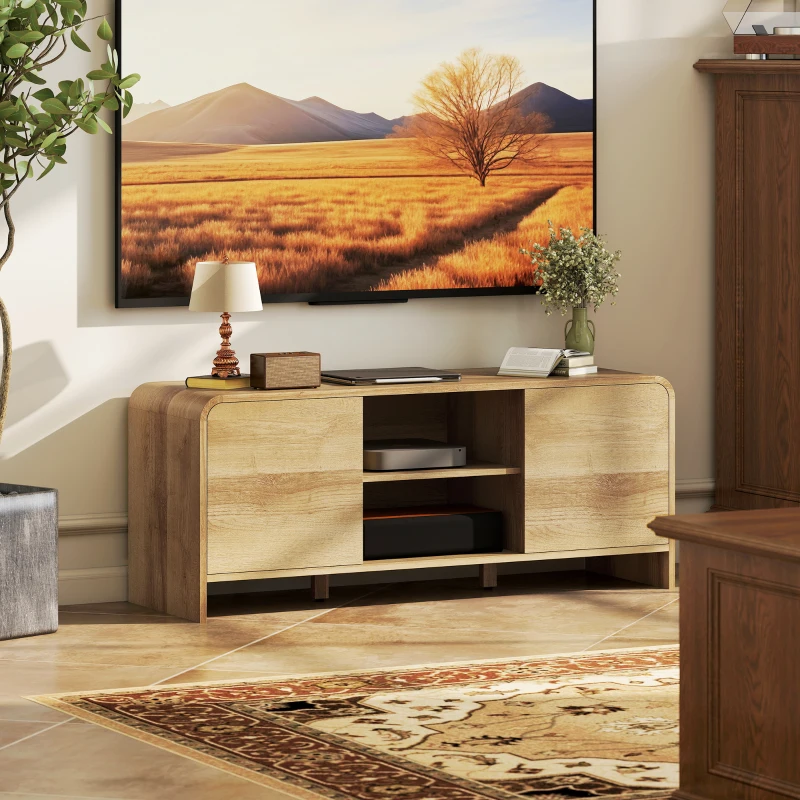 HOMCOM TV Stand for up to 55 Inch TV, Nordic Entertainment Center with 2 Cabinets and 2 Open Shelves for Living Room, Natural Wood