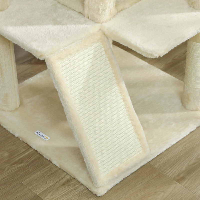 PawHut 63" Cat Tree, Multi-Level Cat Tower with Scratching Posts, Cat Condos, Bed, Platforms, Ramp, Toy Ball, Cream White